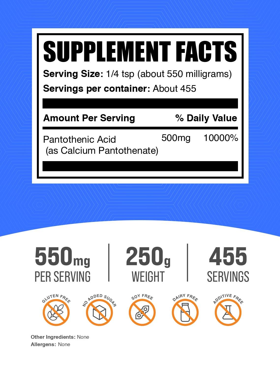 Poudre de Vitamine B5 BulkSupplements 250g avec étiquette