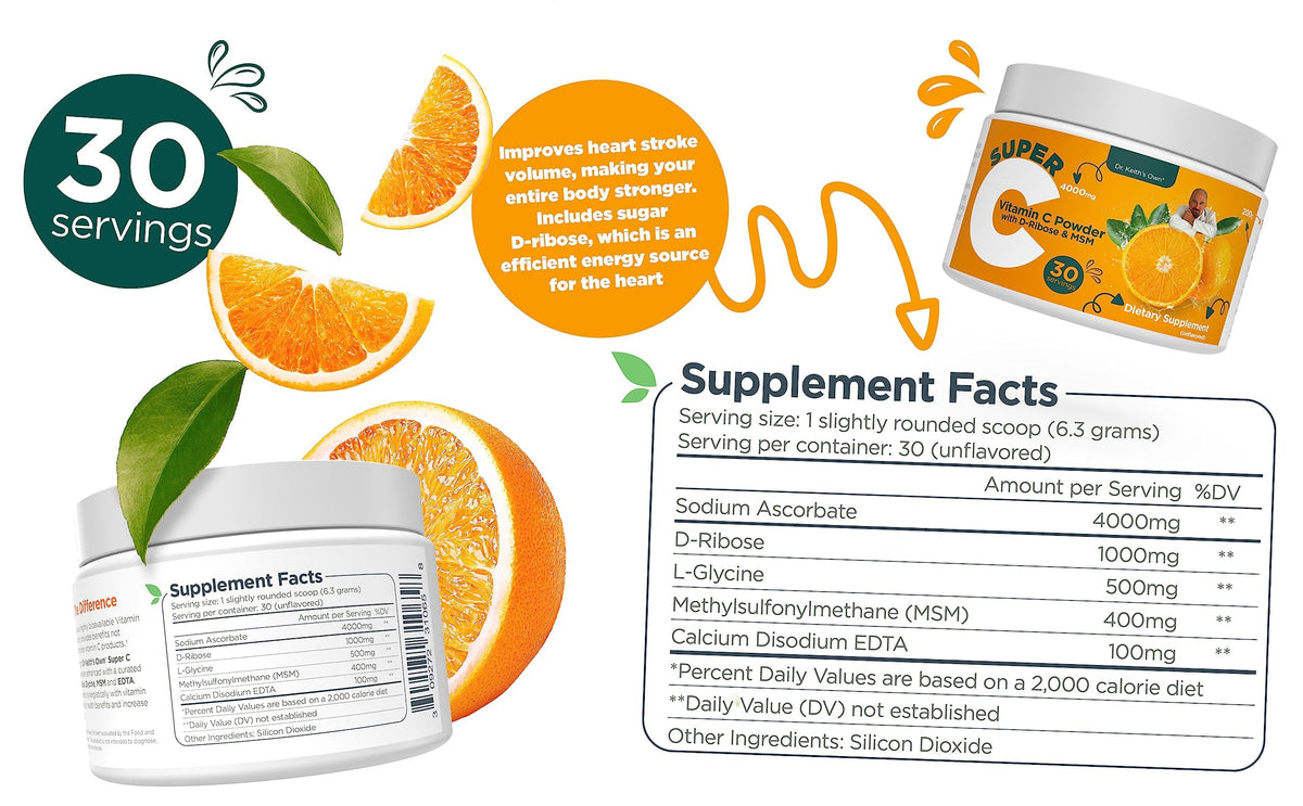 Poudre de vitamine C 4000mg Dr. Keith's Own avec étiquette détaillée