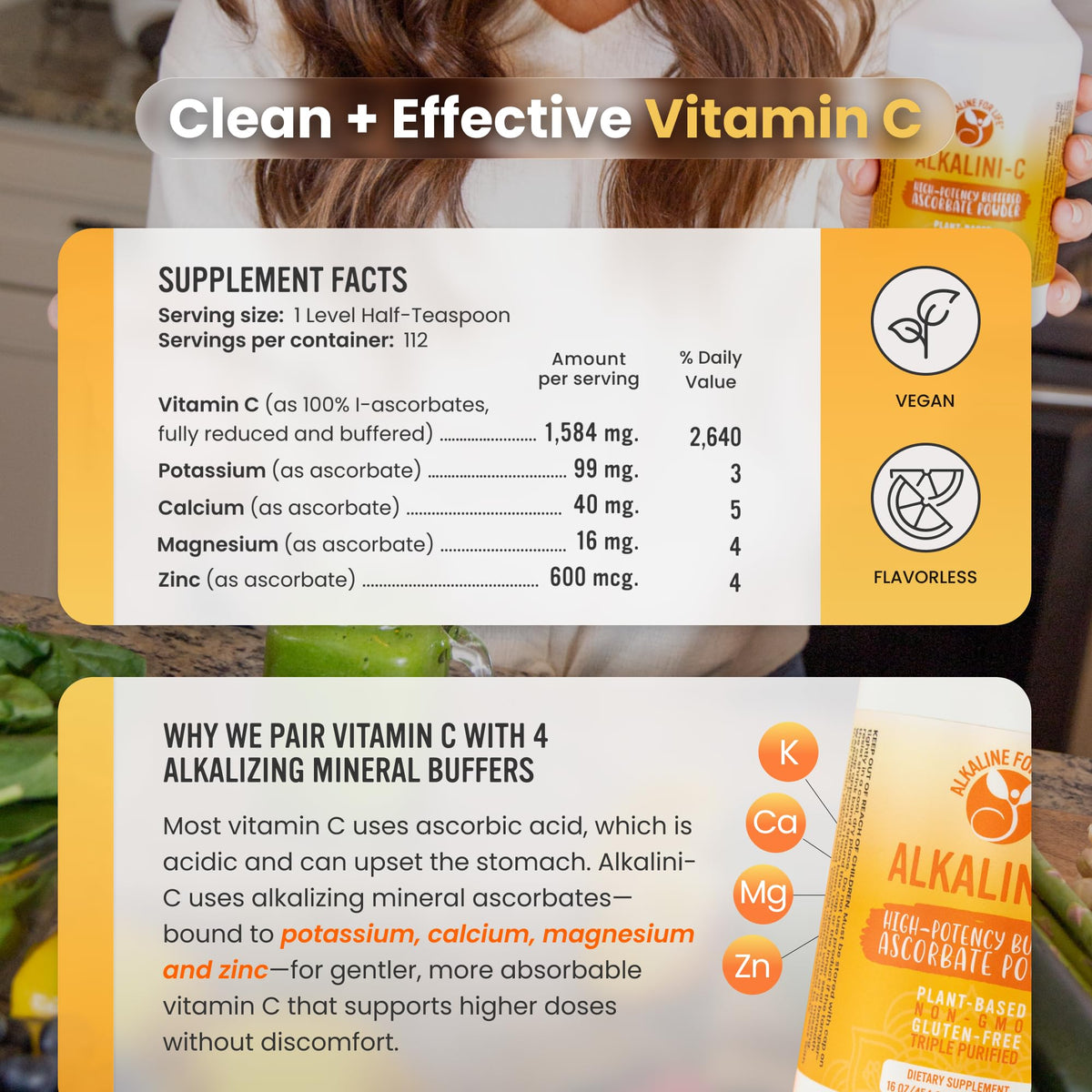 Poudre de vitamine C Alkaline for Life avec une cuillère à mesurer