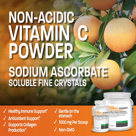 Poudre de vitamine C Bronson versée dans un verre d'eau