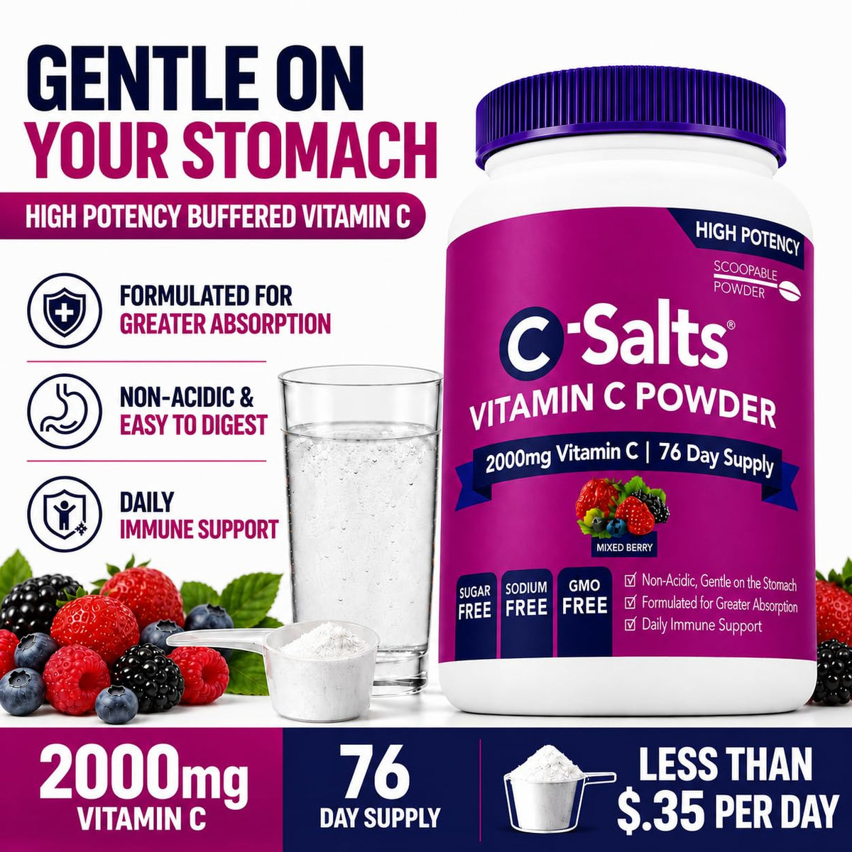 Poudre de vitamine C C-Salts dans un verre d'eau