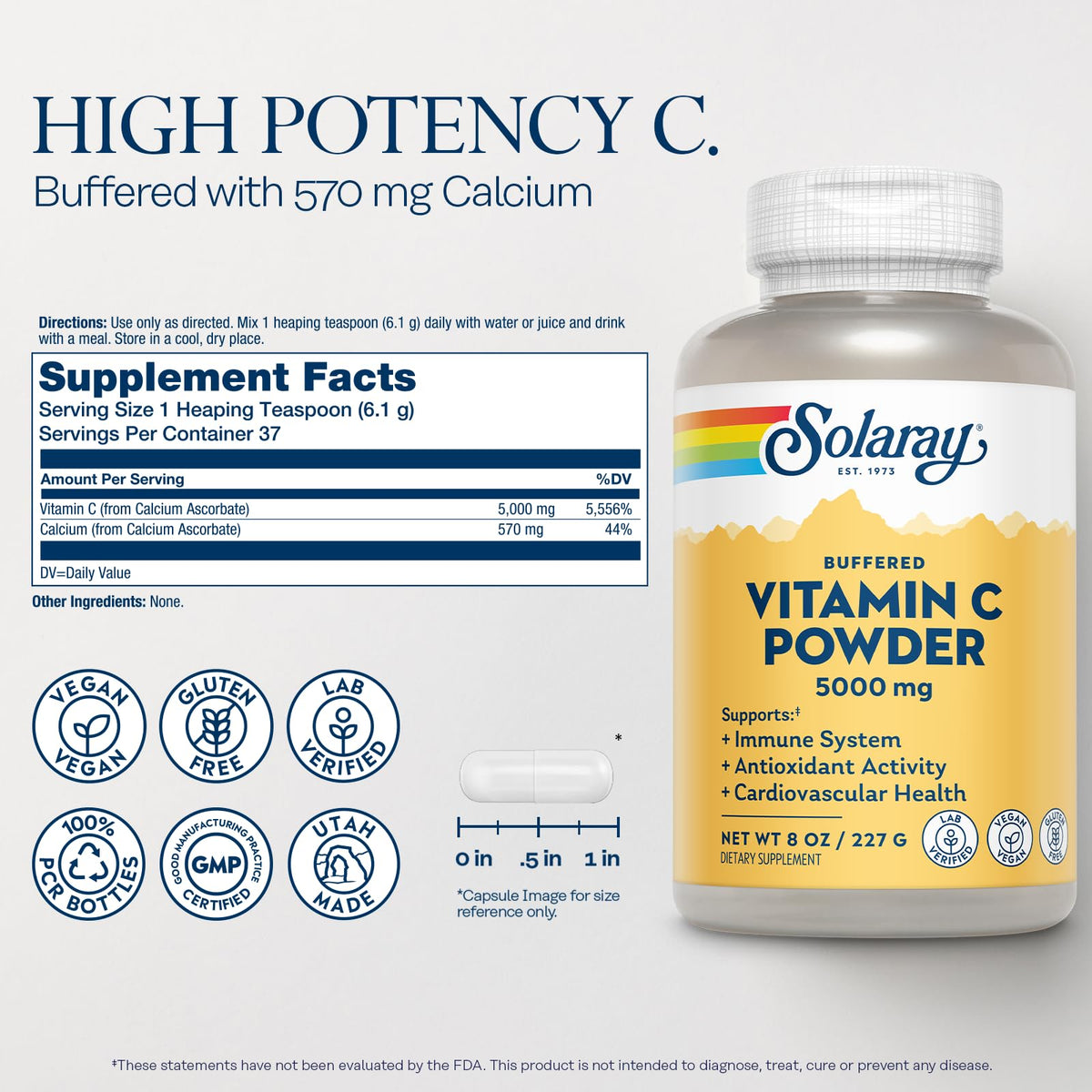 Poudre de vitamine C SOLARAY 5000mg 227g avec cuillère doseuse