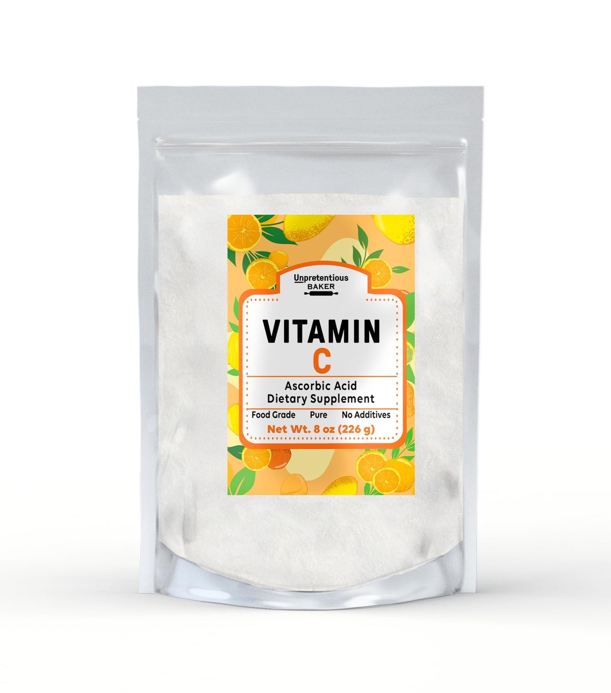 Poudre de Vitamine C Unpretentious 227g vue de face avec cristaux