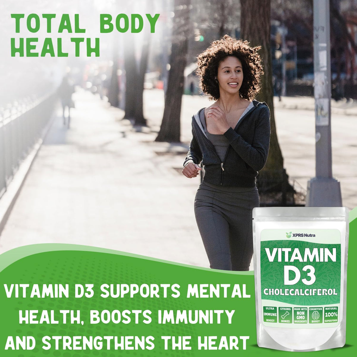 Poudre de vitamine D3 XPRS Nutra 109g versée dans une cuillère