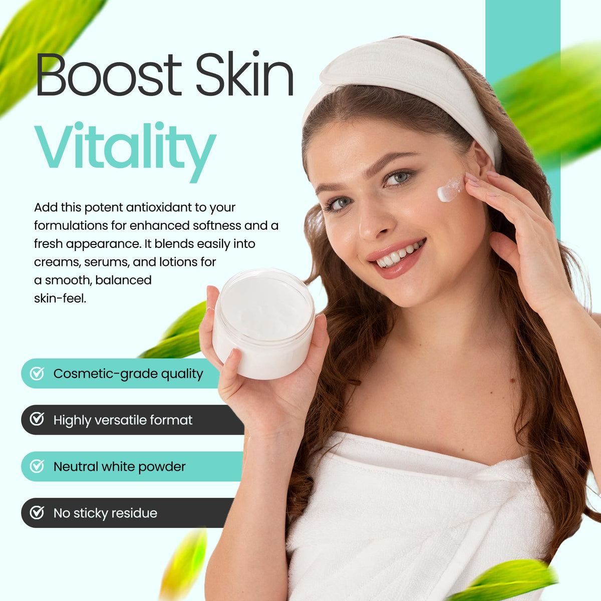 Poudre de vitamine E Talsen dans un bol avec ingrédients cosmétiques