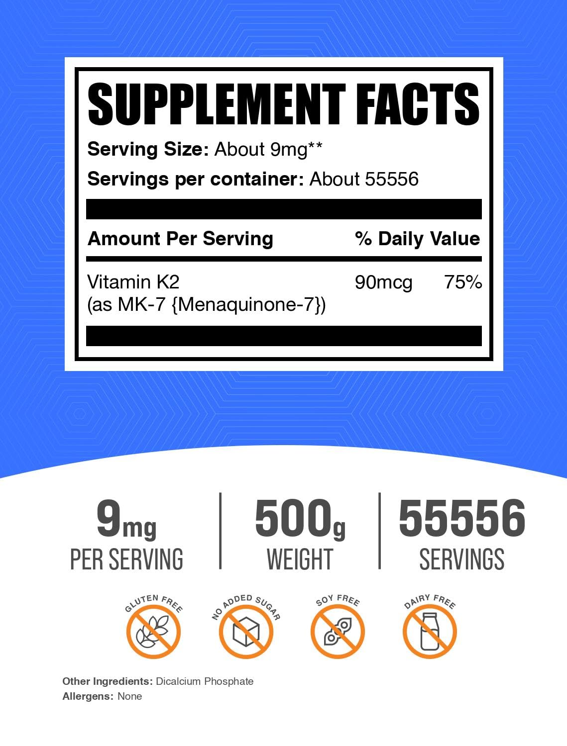 Poudre de Vitamine K2 MK-7 de BulkSupplements, vue de côté