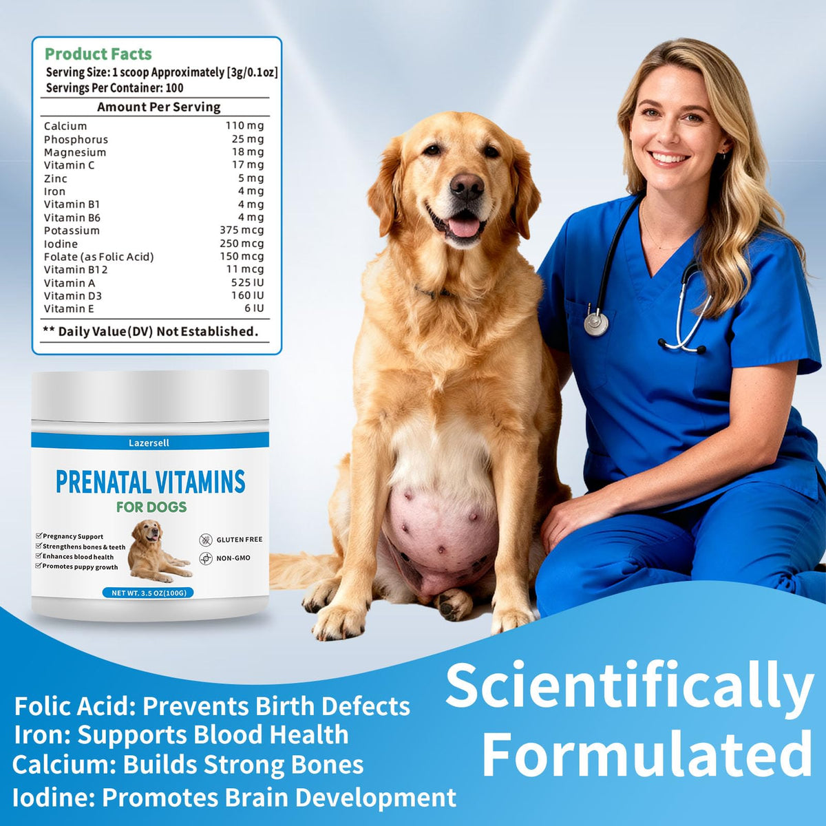 Poudre de vitamines prénatales au goût de poulet pour chiens