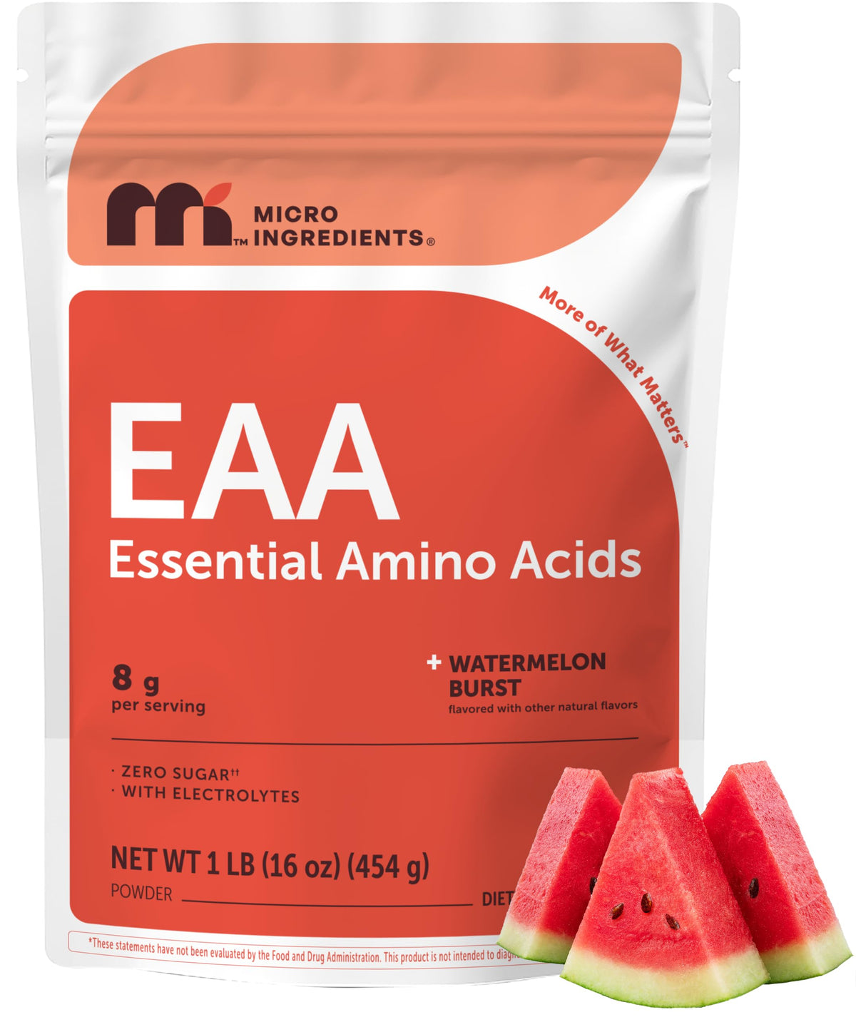 Poudre EAA + BCAA Micro Ingredients 458g face avant avec étiquette arôme pastèque