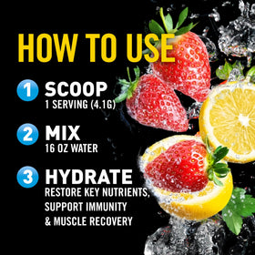 Poudre électrolyte Body Fortress avec fruits frais en arrière-plan