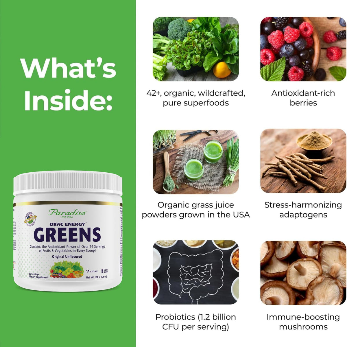 Poudre énergétique Greens Paradise Herbs 204g dans un bol avec cuillère