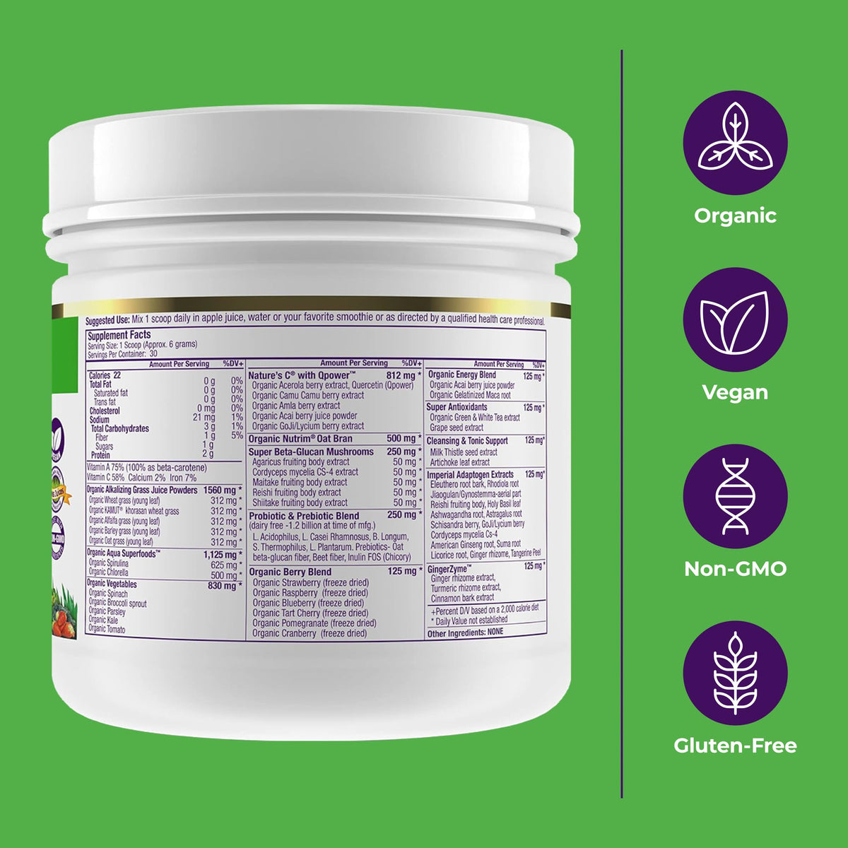 Poudre énergétique Greens Paradise Herbs 204g sur une table en bois