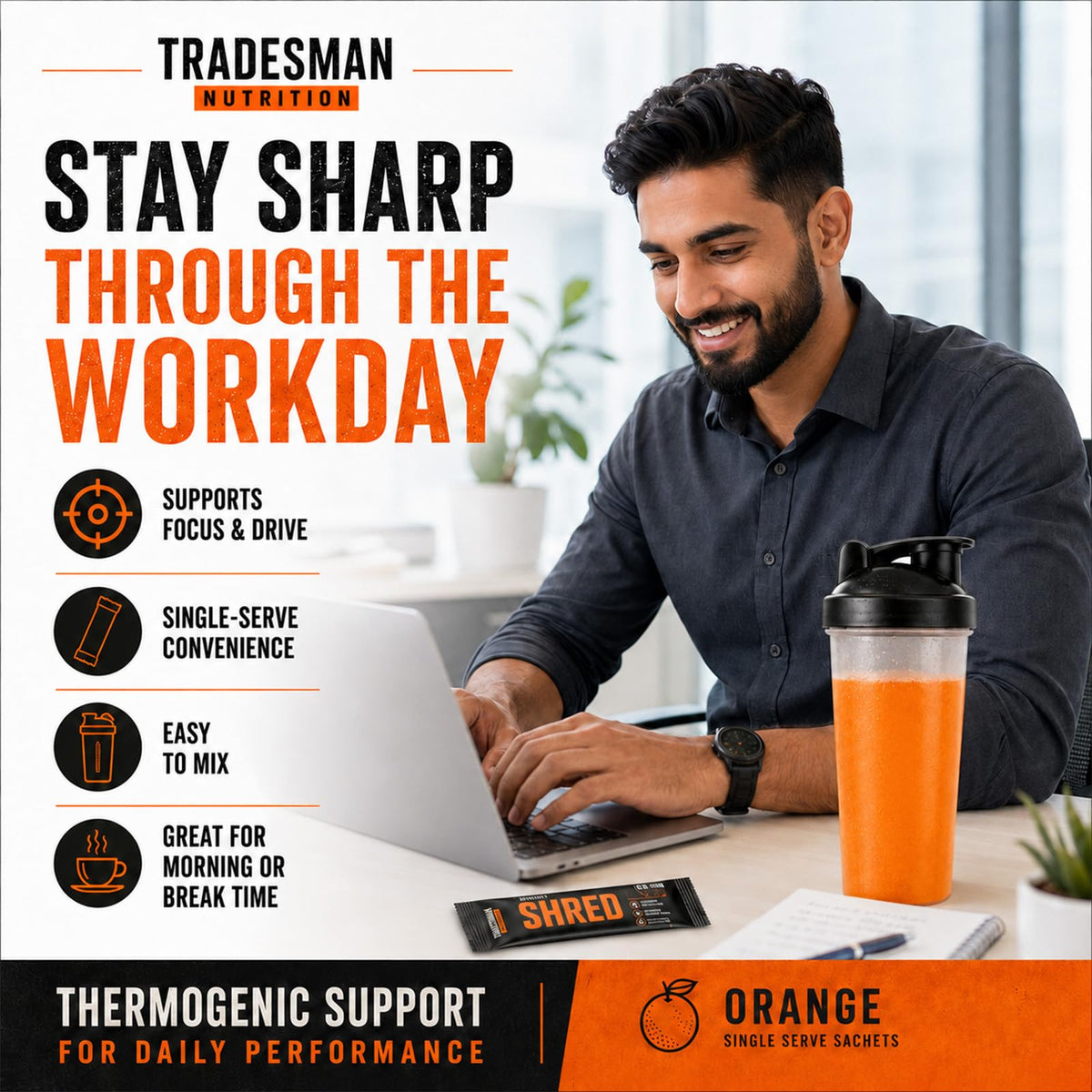 Poudre énergétique orange Tradesman Nutrition Shred dans un verre d'eau