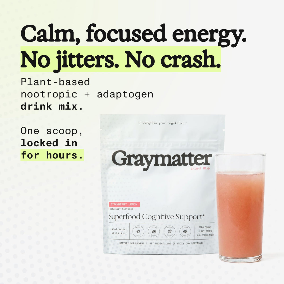 Poudre Graymatter soutien cognitif fraise citron dans un verre d'eau