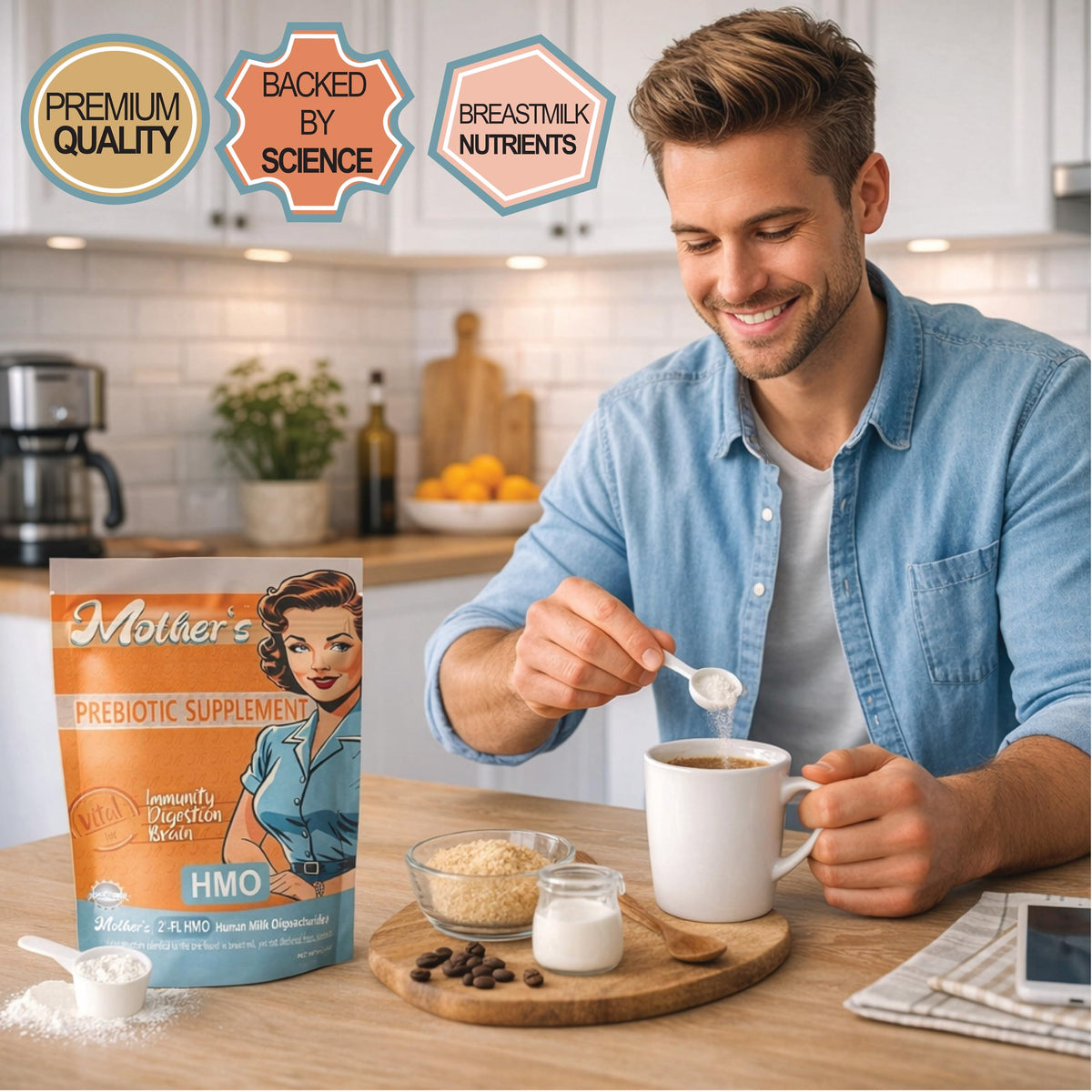 Poudre HMO Mother's mélangée dans un smoothie