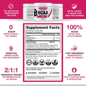 Poudre Honey Badger BCAA + EAA avec fruits frais en arrière-plan