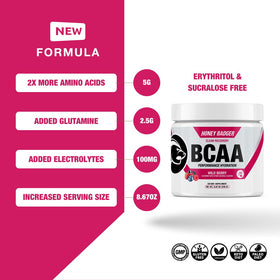 Poudre Honey Badger BCAA + EAA dans un verre d'eau