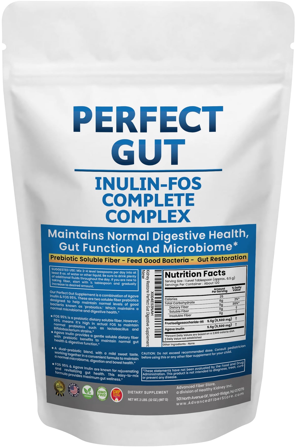 Poudre Inuline FOS Perfect Gut de Kidney Restore, 898g, vue de face
