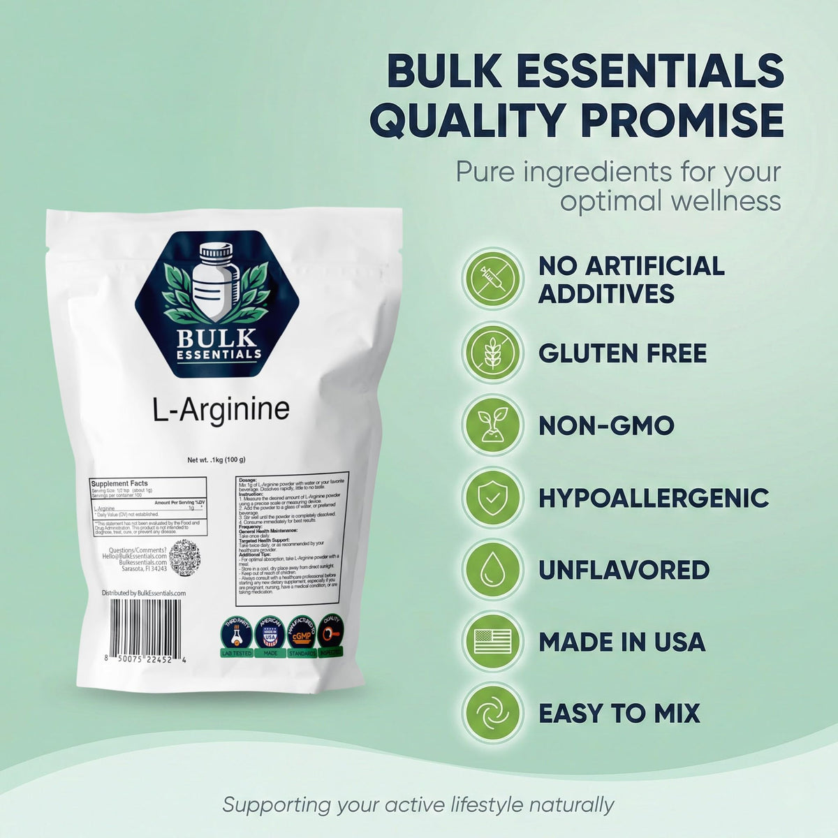 Poudre L-Arginine Bulk Essentials 100g emballage