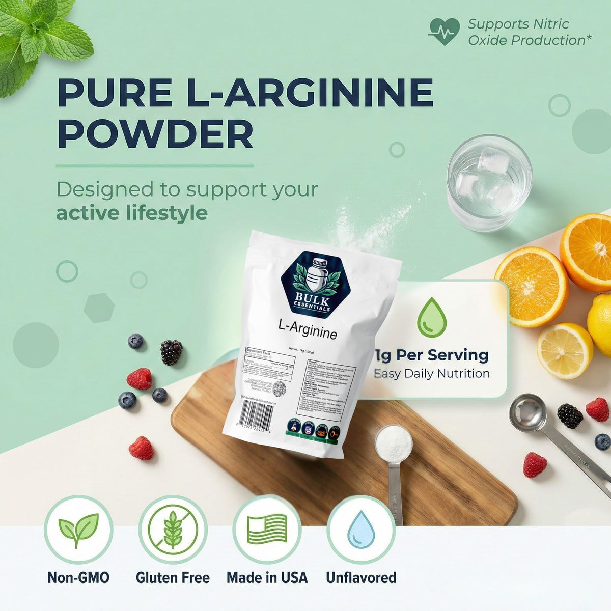 Poudre L-Arginine Bulk Essentials 100g en utilisation avec une boisson