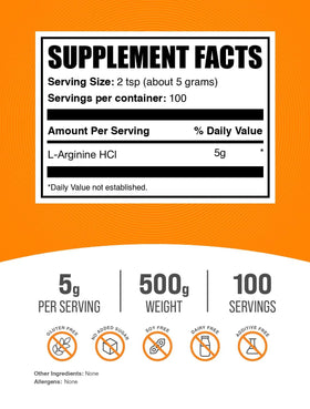 Poudre L-Arginine HCl BulkSupplements 500g avec cuillère
