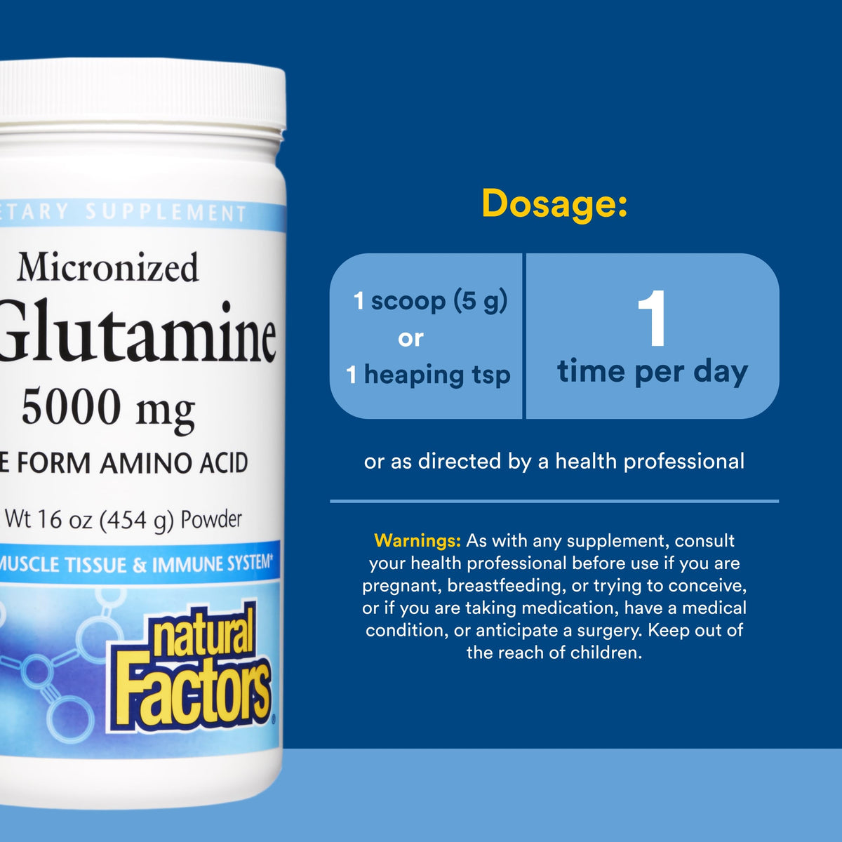 Poudre L-Glutamine 5 000 mg de Natural Factors, cuillère dans la poudre