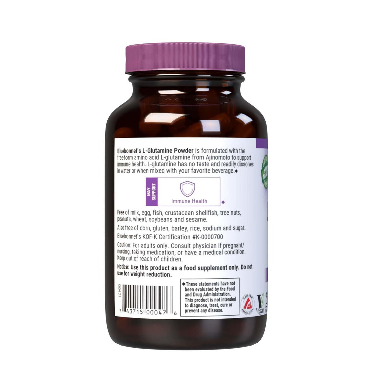 Poudre L-Glutamine BlueBonnet versée dans un verre d'eau