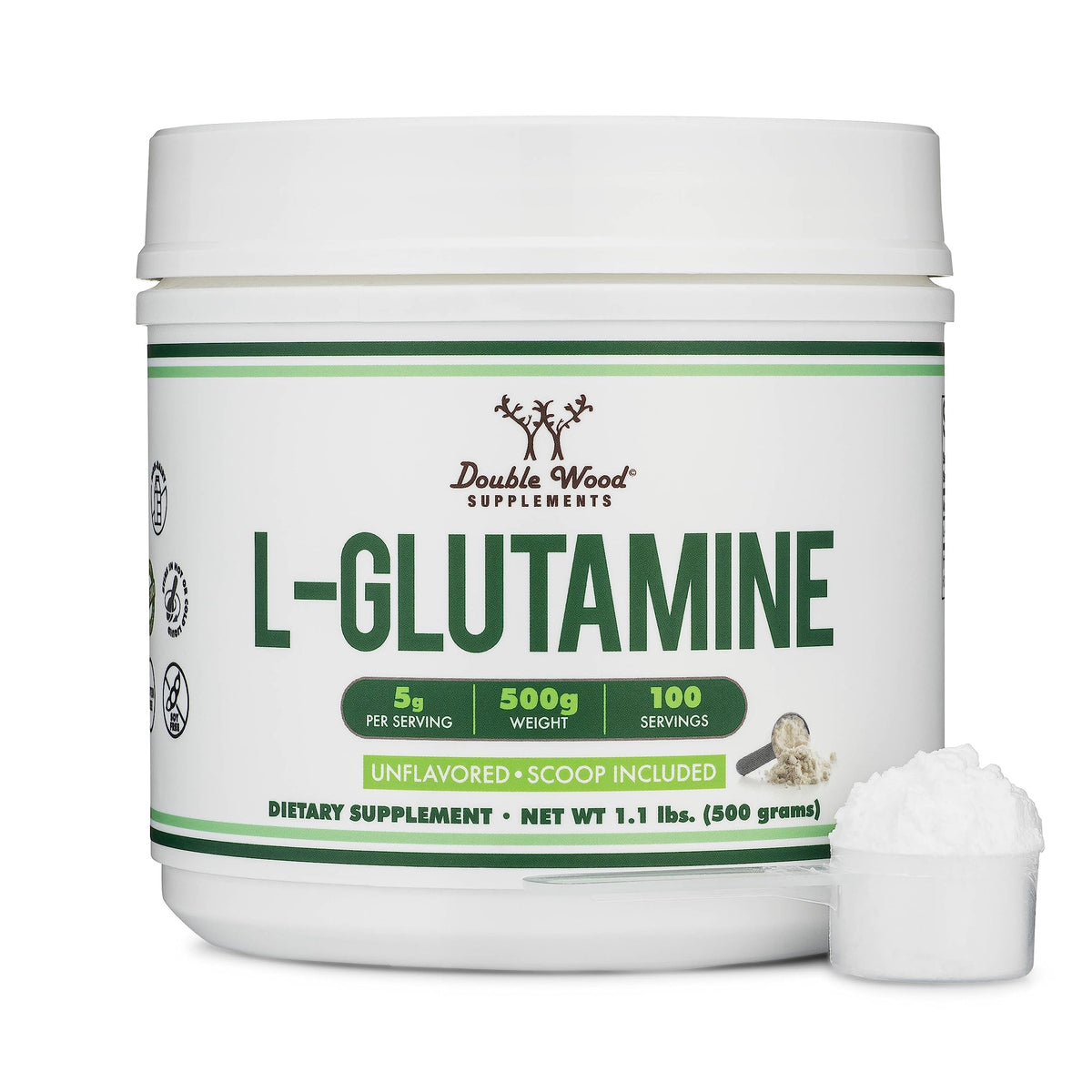 Poudre L-Glutamine Double Wood 500 g sur une table avec un verre d'eau