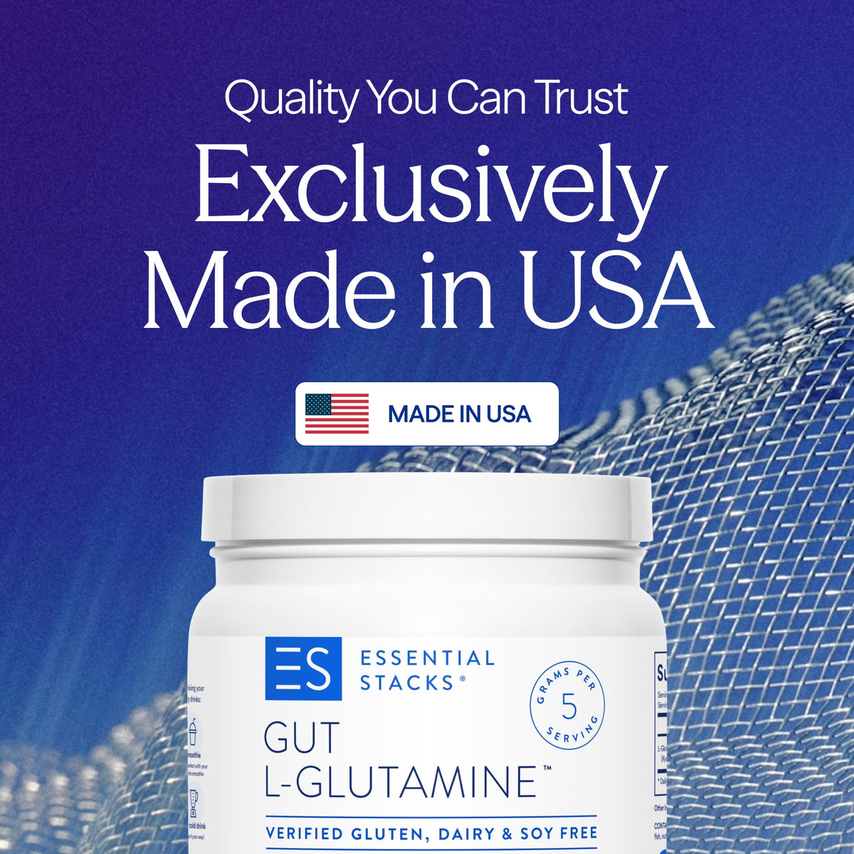 Poudre L-Glutamine Essential Stacks 608g vue arrière