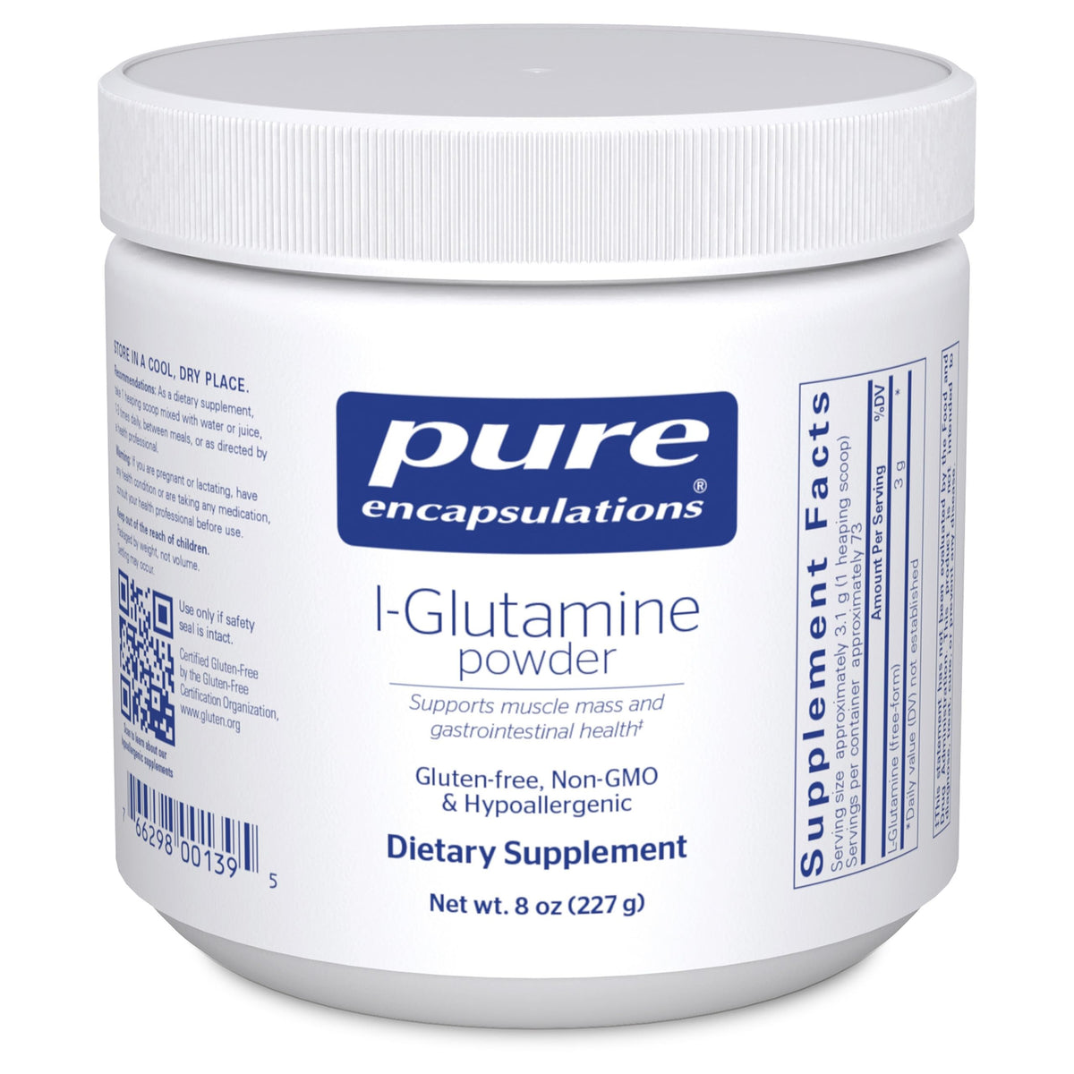 Poudre L-Glutamine Pure Encapsulations 290g vue de face