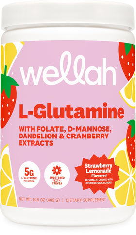 Poudre L-Glutamine Wellah saveur citron fraise devant l'emballage