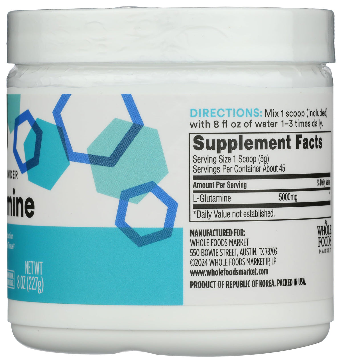 Poudre L-Glutamine Whole Foods Market avec cuillère doseuse
