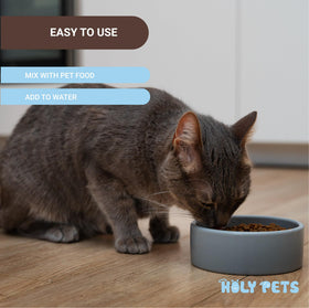Poudre L-Lysine Holy Pets sur une surface, présentation