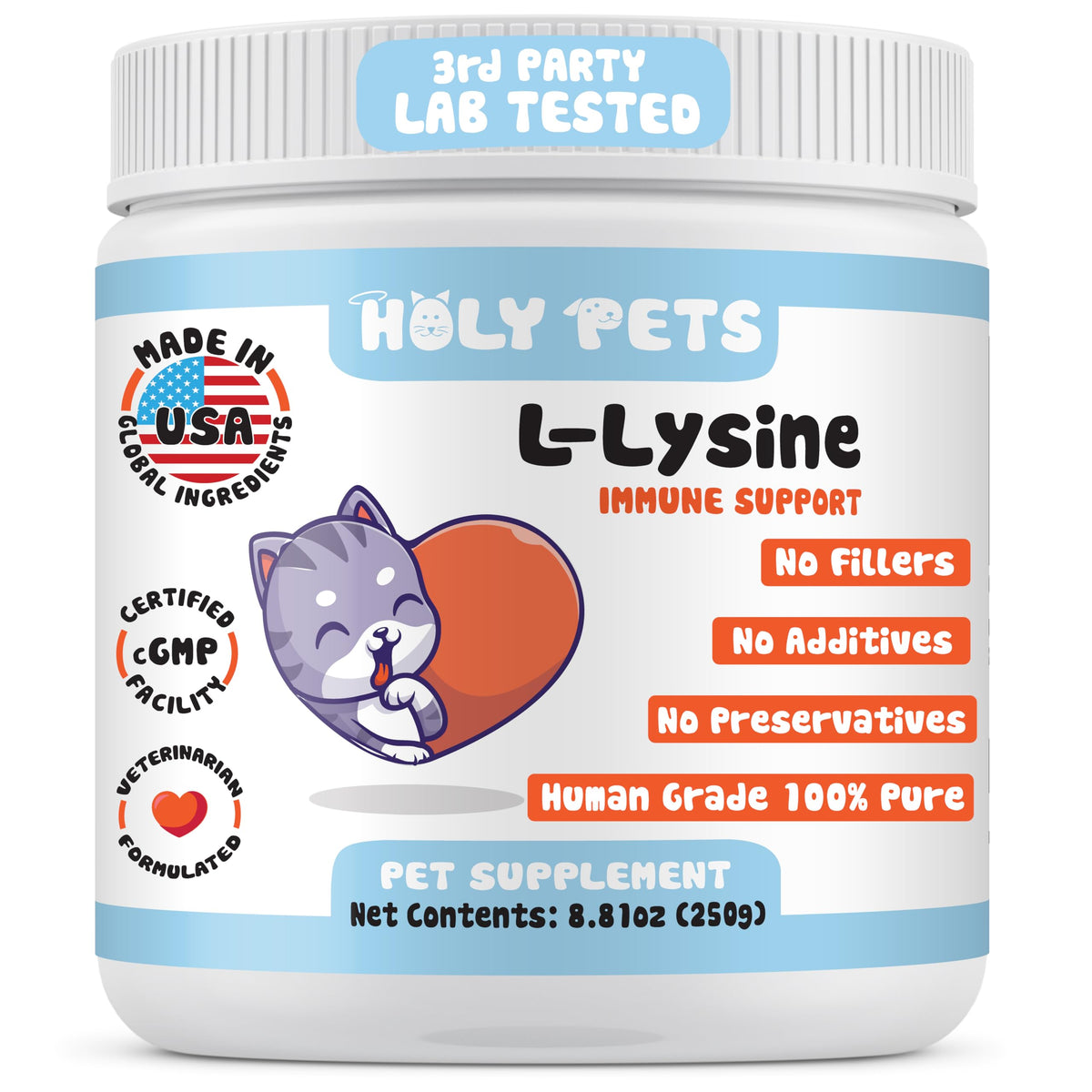 Poudre L-Lysine pure Holy Pets 1000mg pour chats, vue de face