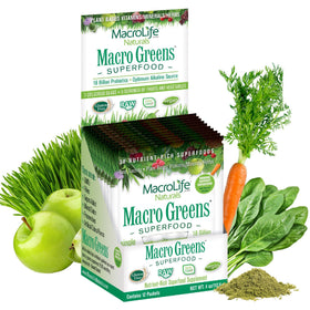 Poudre Macro Greens de MacroLife Naturals, 12 sachets en boîte