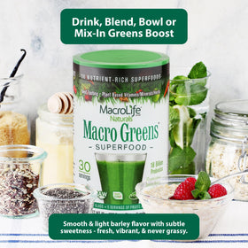 Poudre Macro Greens de MacroLife Naturals, ingrédients principaux sur l'emballage