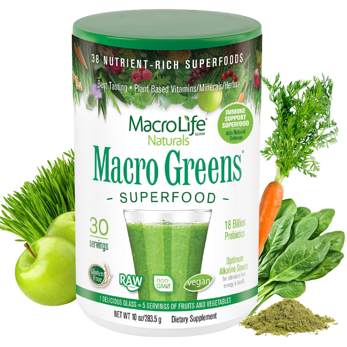Poudre Macro Greens de MacroLife Naturals, vue de face avec emballage