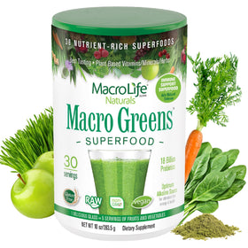 Poudre Macro Greens de MacroLife Naturals, vue de face avec emballage