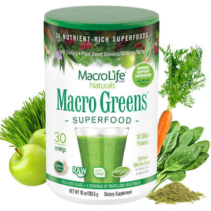 Poudre Macro Greens de MacroLife Naturals, vue de face avec emballage
