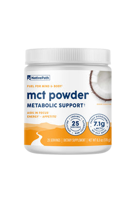 Poudre MCT NativePath 240g devant un fond blanc