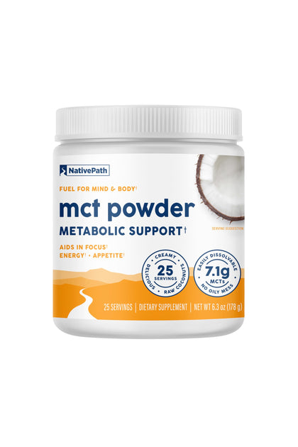 Poudre MCT NativePath 240g devant un fond blanc
