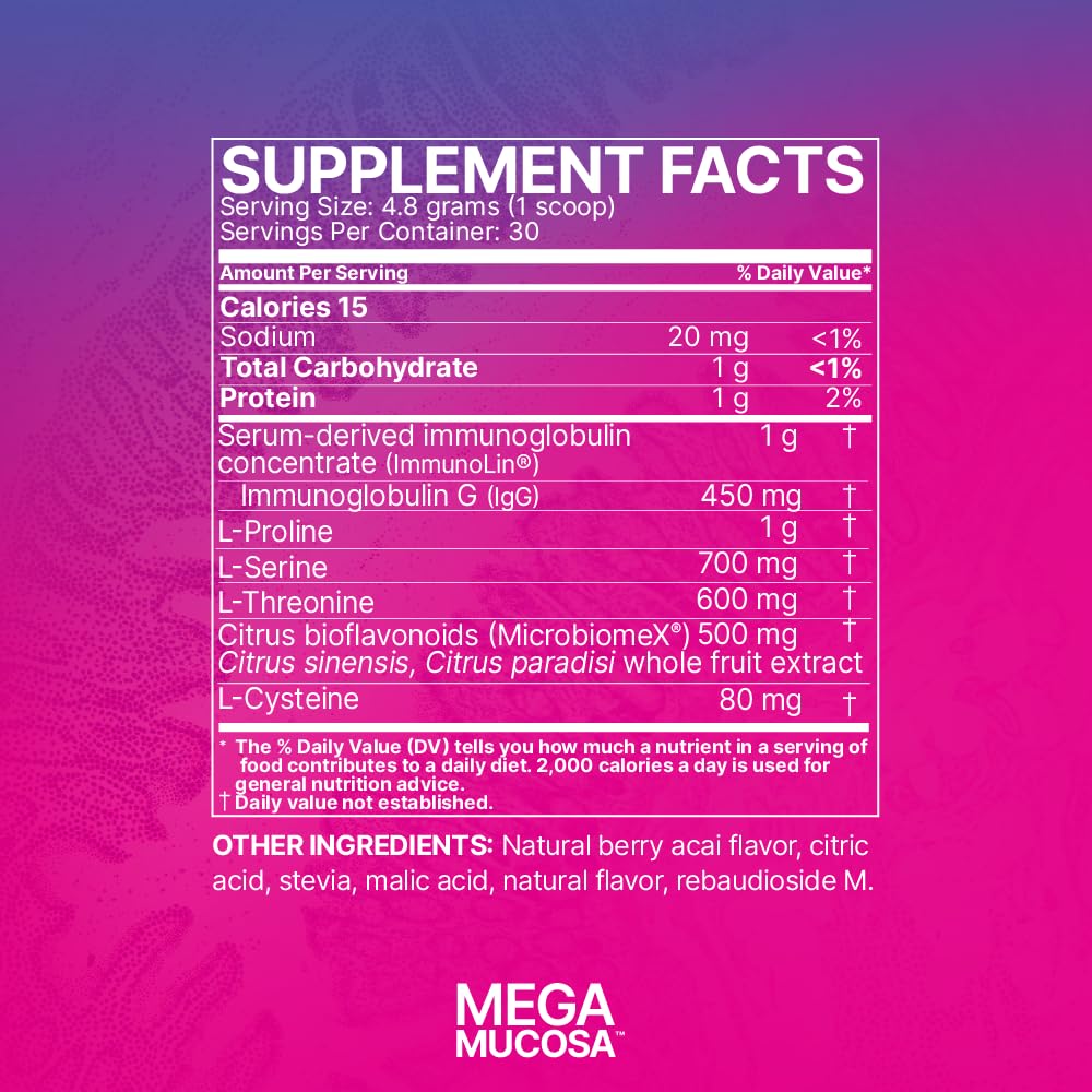 Poudre MegaMucosa de Microbiome Labs avec des fruits en arrière-plan