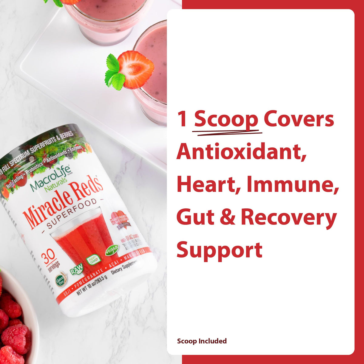 Poudre Miracle Reds dans un verre avec une cuillère à côté