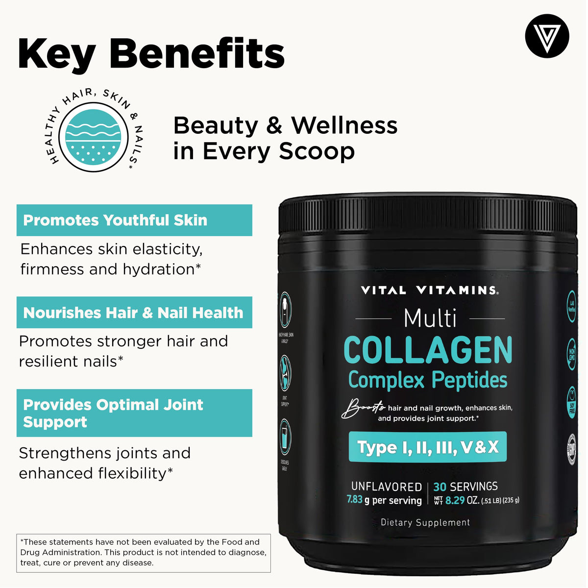 Poudre Multi Collagène Vital Vitamins 322g dans un verre d'eau
