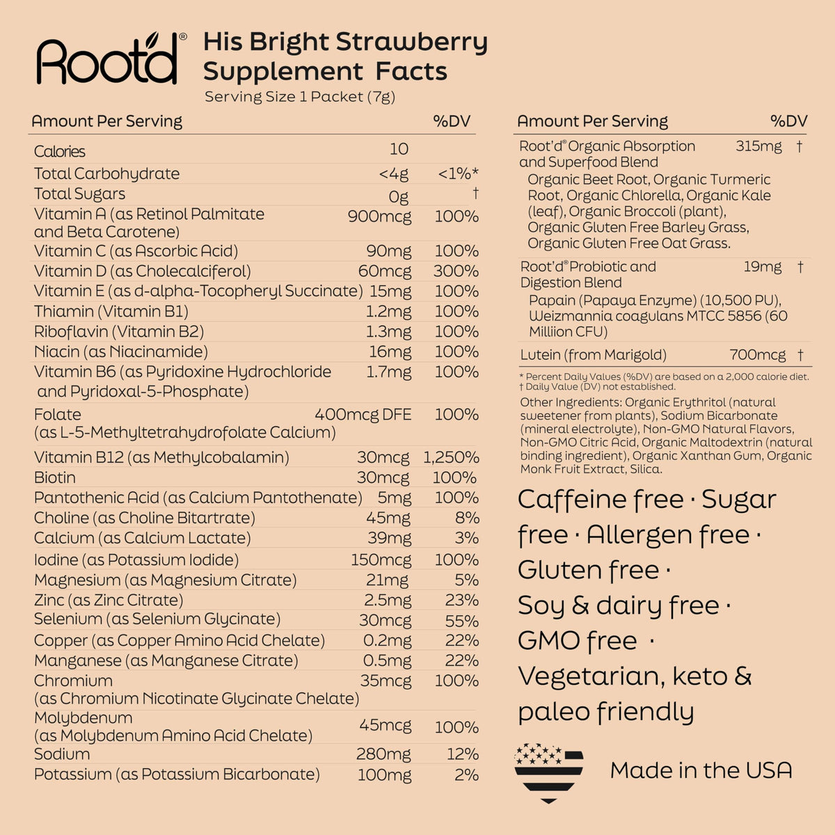 Poudre multivitaminée Root'd, étiquette avec informations nutritionnelles
