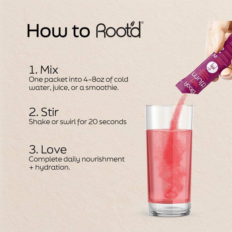 Poudre multivitaminée Root'd mélangée dans un verre d'eau