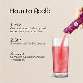 Poudre multivitaminée Root'd mélangée dans un verre d'eau