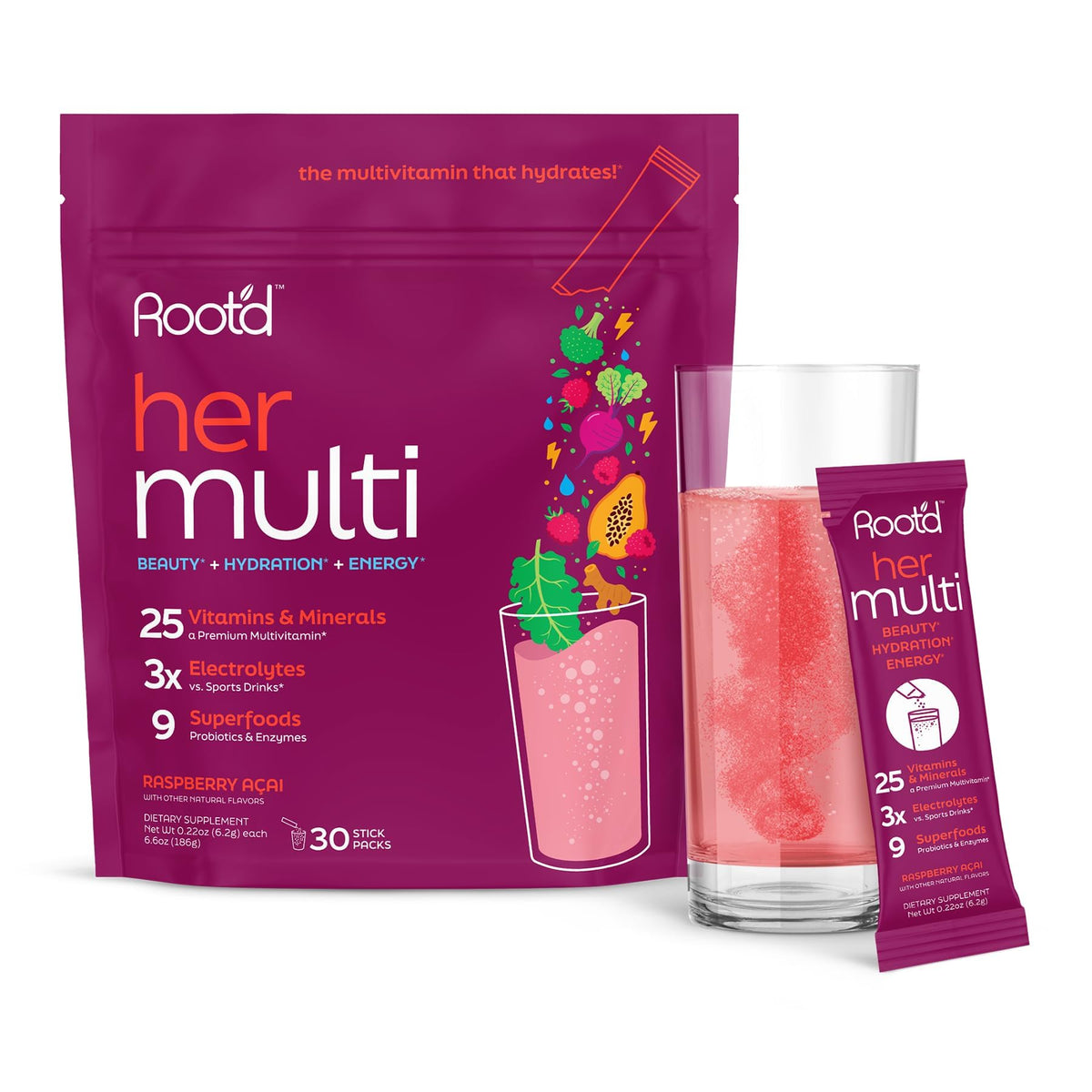 Poudre multivitaminée Root'd pour femmes, sachet de 30 portions