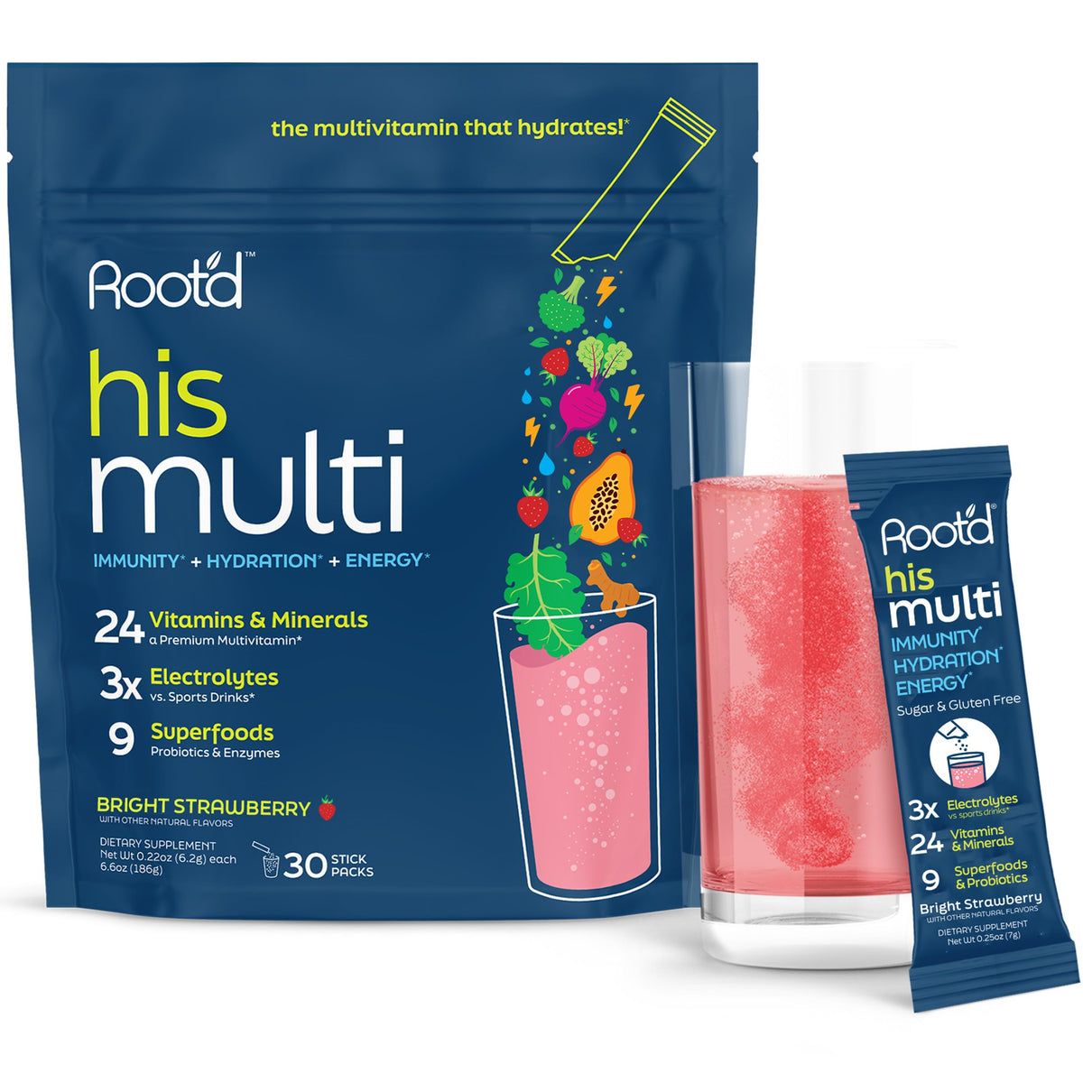 Poudre multivitaminée Root'd pour hommes, emballage avant