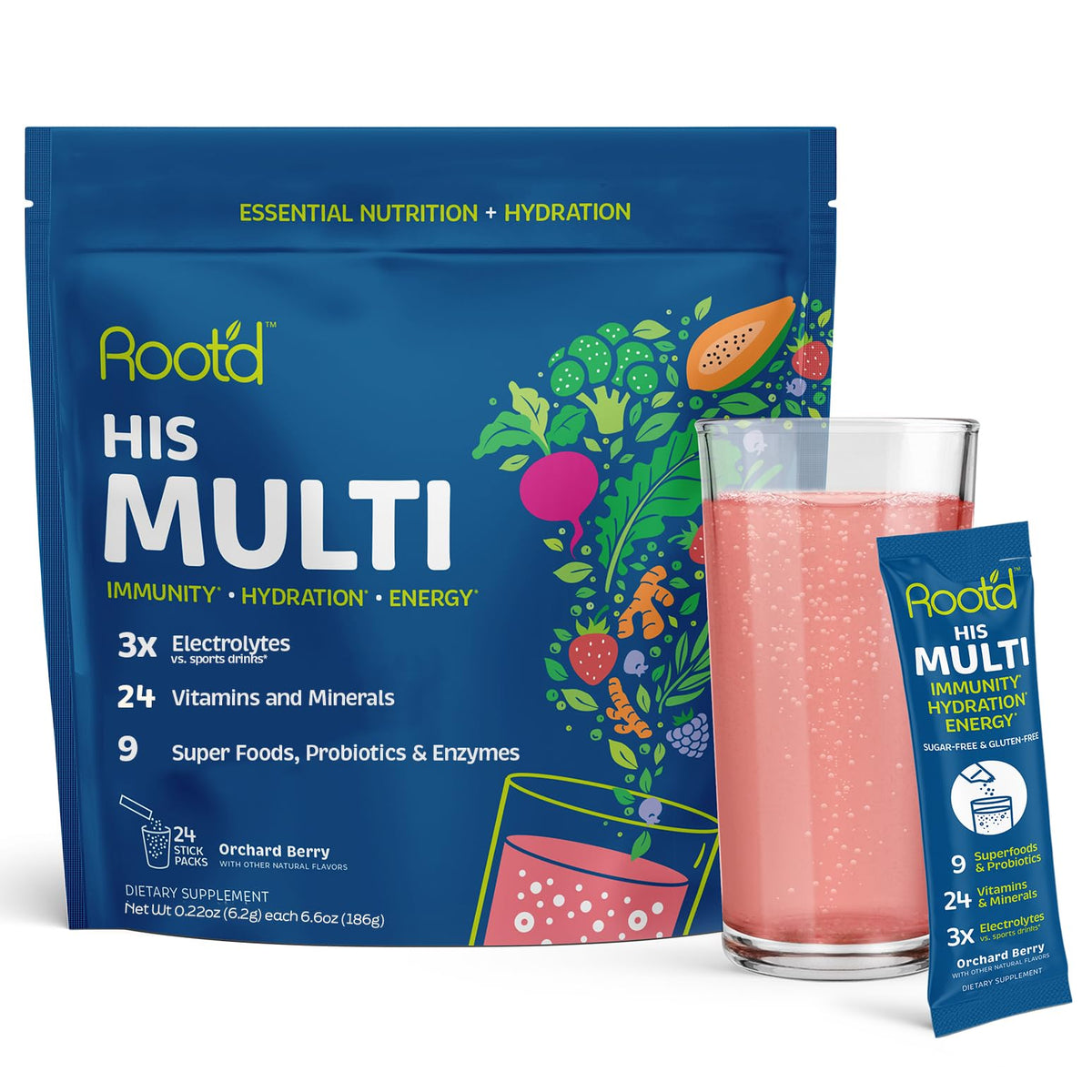 Poudre multivitaminée Root'd pour hommes vue de face dans son emballage
