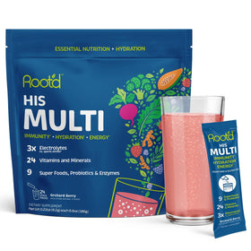 Poudre multivitaminée Root'd pour hommes vue de face dans son emballage